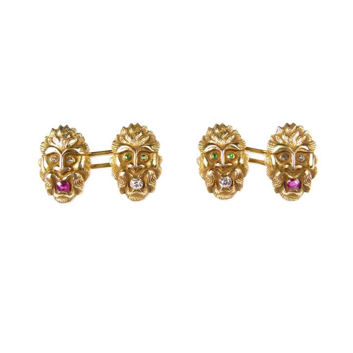 Pair of antique 14ct gold, diamond, ruby and gem mask cufflinks